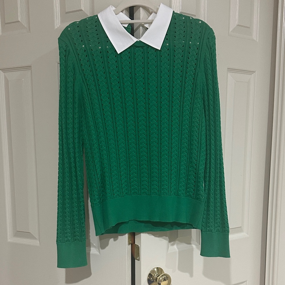 Brooks Brothers Emerald Green Pointelle Crewneck with White Collar